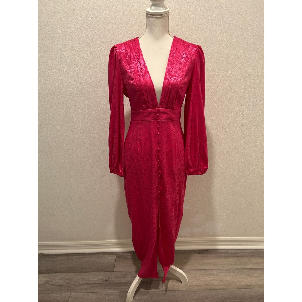 Runaway The Label Womens Fuchsia Jacquard Midi Dress Deep V-Neck Long Sleeve M